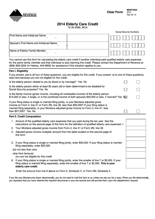 Fillable Form Ecc - Elderly Care Credit - 2014 Printable pdf