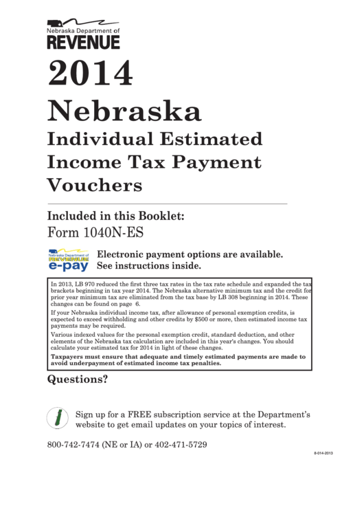 Fillable Form 1040n-Es - Nebraska Individual Estimated Income Tax Payment Voucher - 2014 Printable pdf