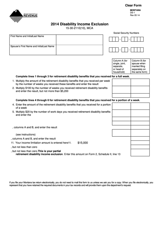 Fillable Form Ds-1 - Disability Income Exclusion - 2014 Printable pdf