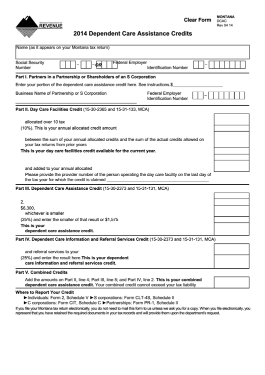 Fillable Form Dcac - Dependent Care Assistance Credits - 2014 Printable pdf