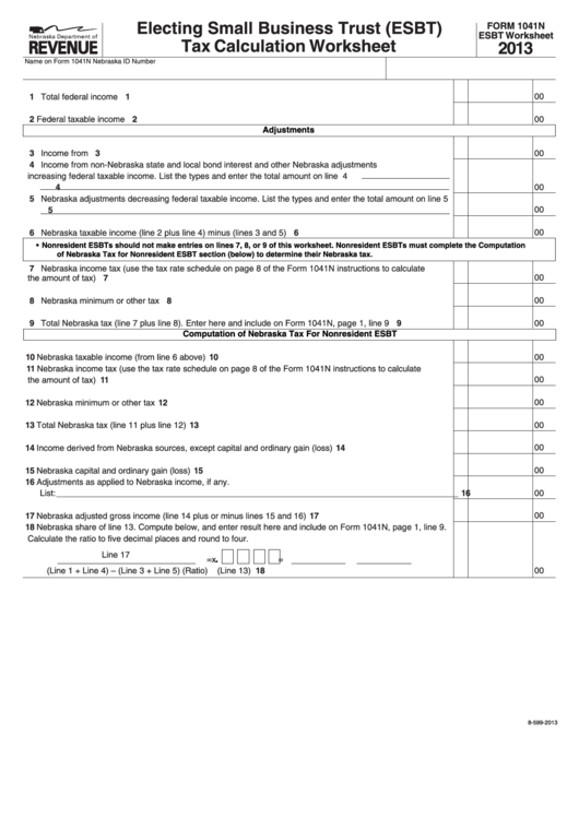 Fillable Form 1041n - Electing Small Business Trust (Esbt) Tax Calculation Worksheet - 2013 Printable pdf