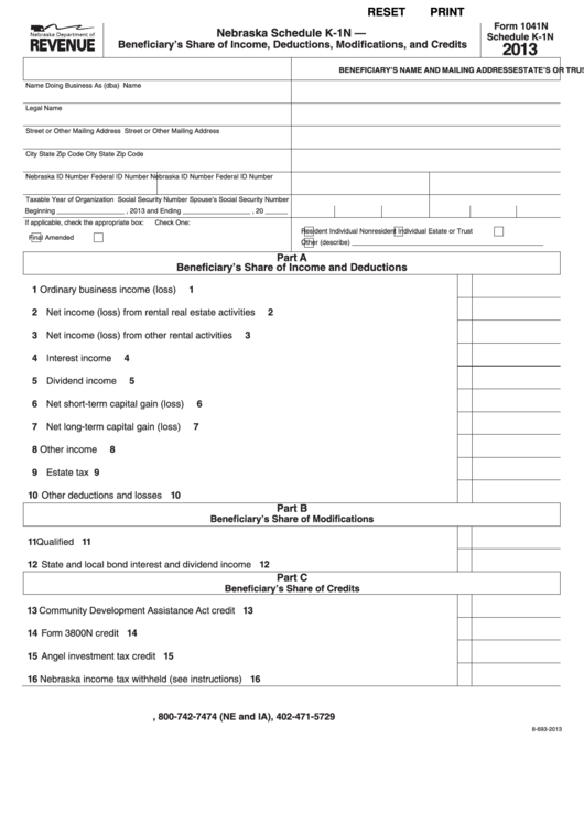 Fillable Nebraska Schedule K-1n (Form 1041n) - Beneficiary