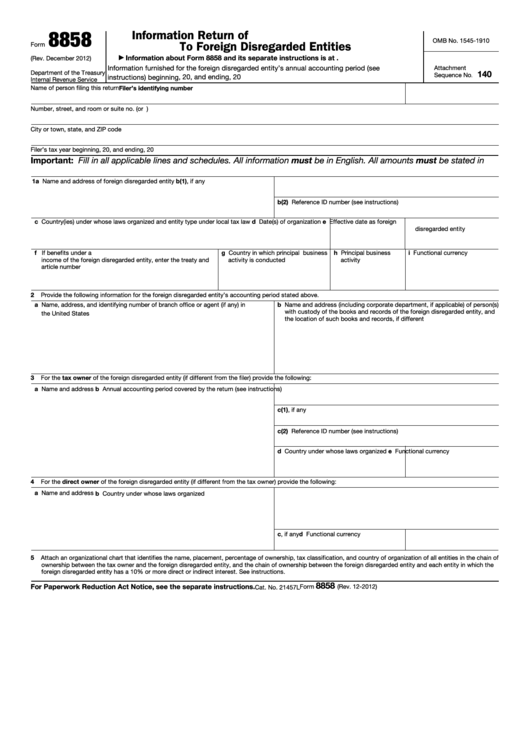 Fillable Form 8858 - Information Return Of U.s. Persons With Respect To Foreign Disregarded Entities Printable pdf