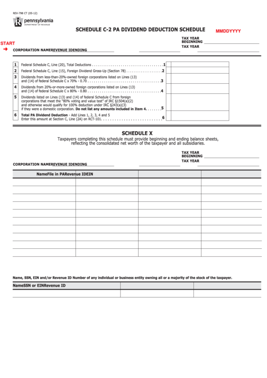 Fillable Form Rev-798 Ct - Schedule C-2 - Pa Dividend Deduction Schedule/schedule X Printable pdf