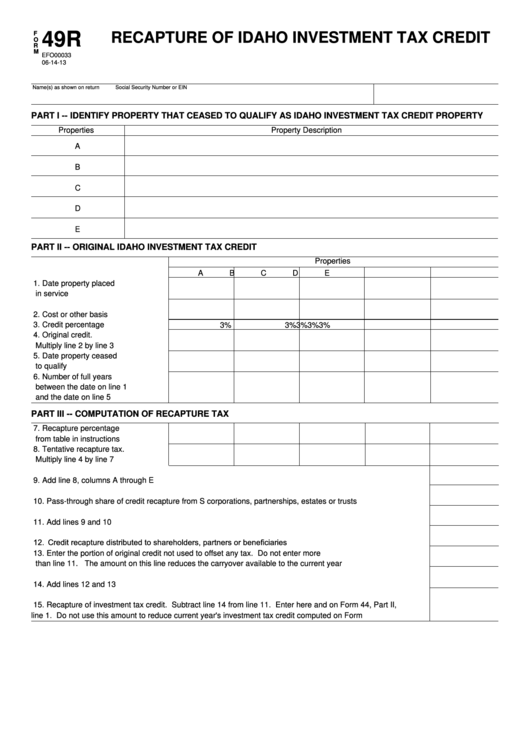 Fillable Form 49r - Recapture Of Idaho Investment Tax Credit Printable pdf