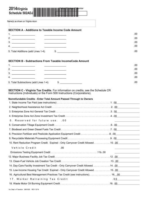 Fillable Virginia Schedule 502adj - Pass-Through Entity Return - 2014 Printable pdf