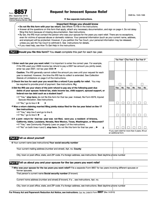 Fillable Form 8857 - Request For Innocent Spouse Relief Printable pdf