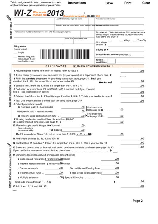 Fillable Form Wi-Z - Wisconsin Income Tax - 2013 Printable pdf