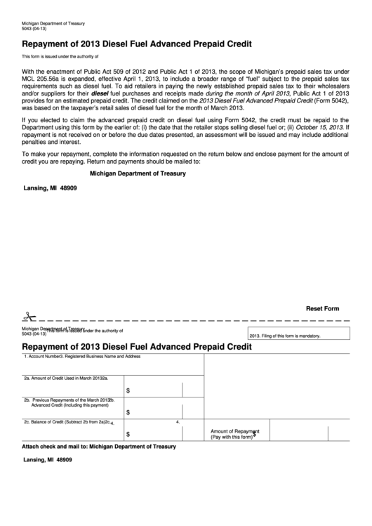 Fillable Form 5043 - Repayment Of Diesel Fuel Advanced Prepaid Credit - 2013 Printable pdf
