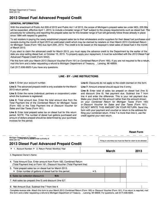 Fillable Form 5042 - Diesel Fuel Advanced Prepaid Credit - 2013 Printable pdf
