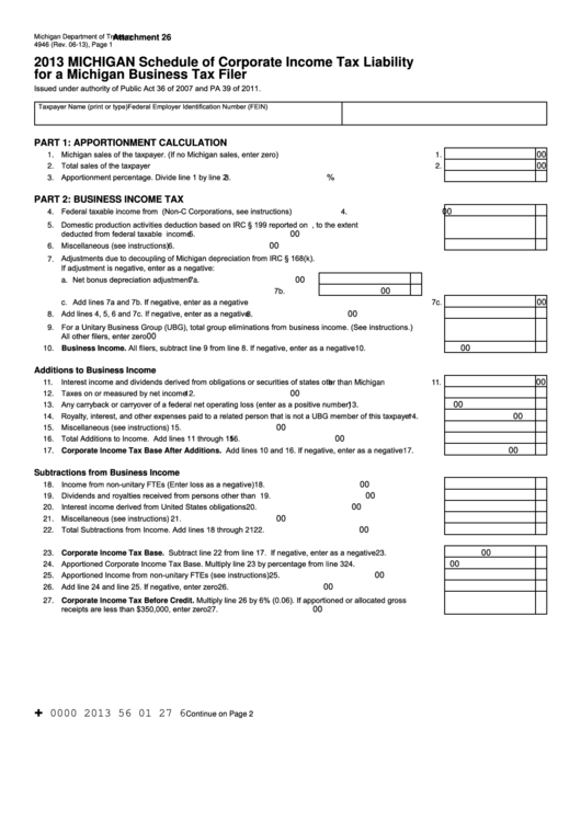 Form 4946 - Schedule Of Corporate Income Tax Liability For A Michigan Business Tax Filer Printable pdf