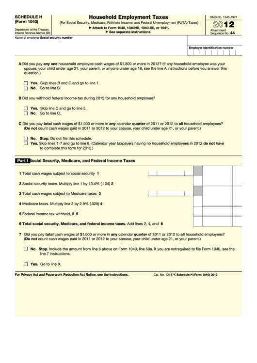 Fillable Schedule H (Form 1040) - Household Employment Taxes - 2012 Printable pdf