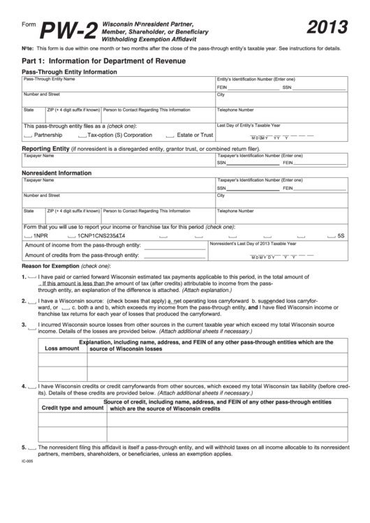Form Pw-2 - Wisconsin Nonresident Partner, Member, Shareholder, Or Beneficiary Withholding Exemption Affidavit - 2013 Printable pdf