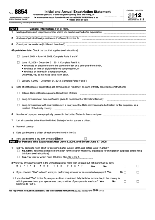 Fillable Form 8854 - Initial And Annual Expatriation Statement - 2012 Printable pdf