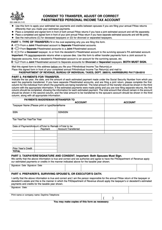 Form Rev-459b - Consent To Transfer, Adjust Or Correct Pa Estimated Personal Income Tax Account Printable pdf