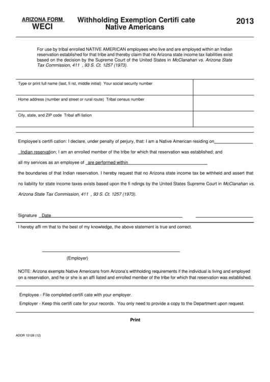 Fillable Arizona Form Weci - Withholding Exemption Certificate Native Americans - 2013 Printable pdf