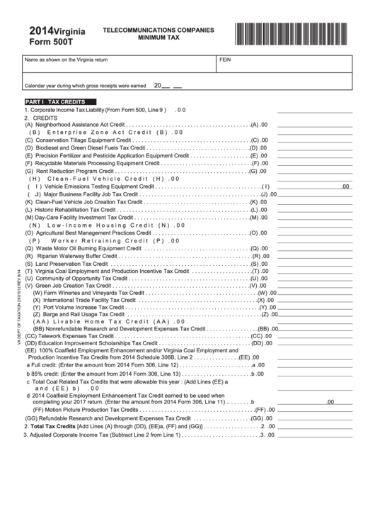 Fillable Virginia Form 500t - Telecommunications Companies Minimum Tax - 2014 Printable pdf