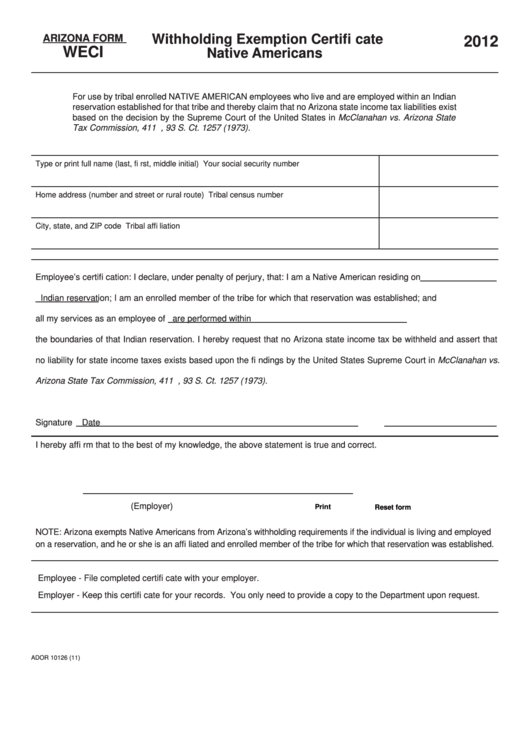 Fillable Arizona Form Weci - Withholding Exemption Certificate Native Americans - 2012 Printable pdf