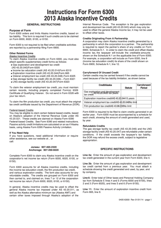 Instructions For Form 6300 - Alaska Incentive Credits - 2013 Printable pdf