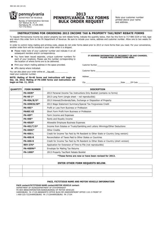 Form Rev-421 Ad - Pennsylvania Tax Forms Bulk Order Request - 2013 Printable pdf