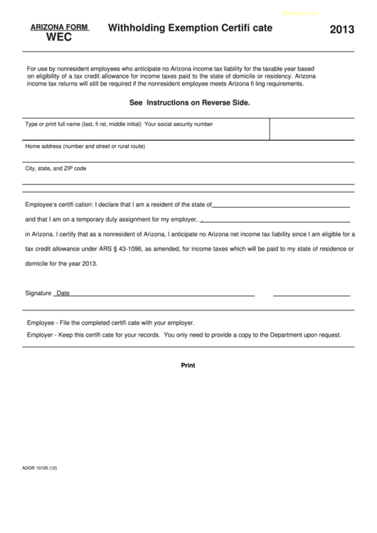Fillable Arizona Form Wec - Withholding Exemption Certificate - 2013 Printable pdf