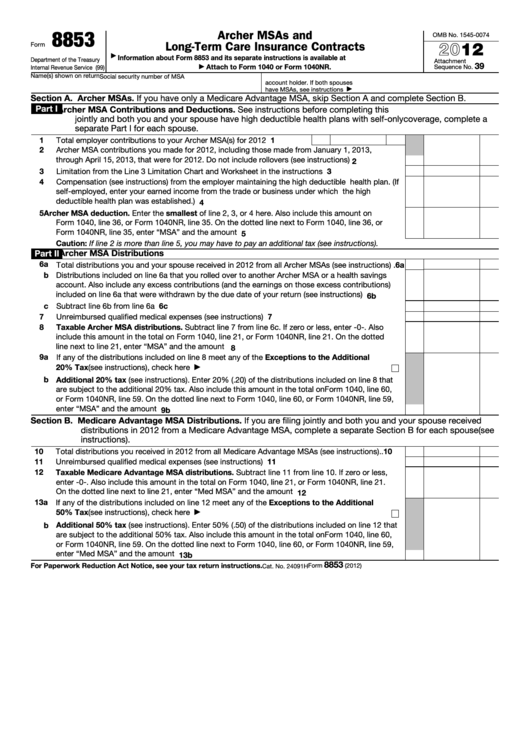 Fillable Form 8853 - Archer Msas And Long-Term Care Insurance Contracts - 2012 Printable pdf