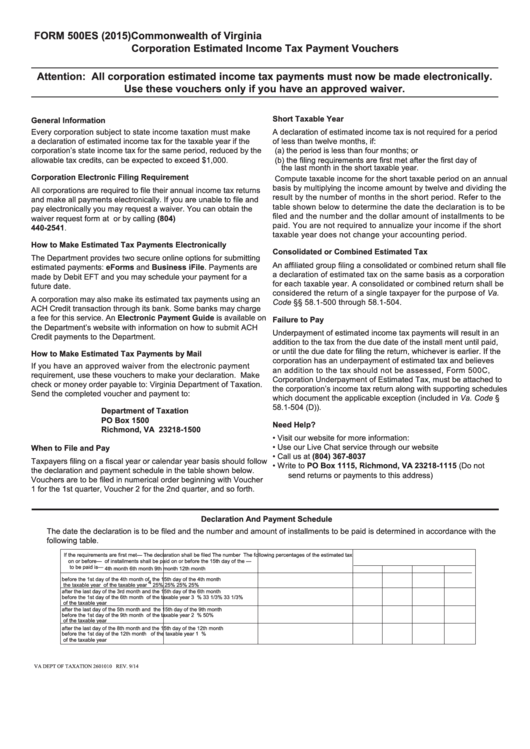 Fillable Form 500es - Virginia Estimated Tax Declaration For Corporations - 2015 Printable pdf