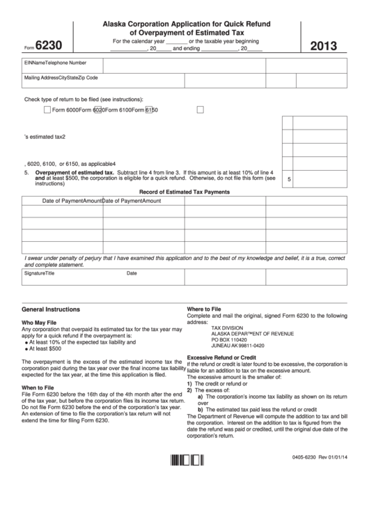 Fillable Form 6230 - Alaska Corporation Application For Quick Refund Of Overpayment Of Estimated Tax - 2013 Printable pdf