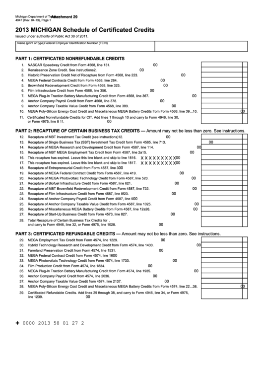 Form 4947 - Michigan Schedule Of Certificated Credits - 2013 Printable pdf