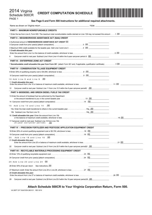 Fillable Virginia Schedule 500cr - Credit Computation Schedule - 2014 Printable pdf