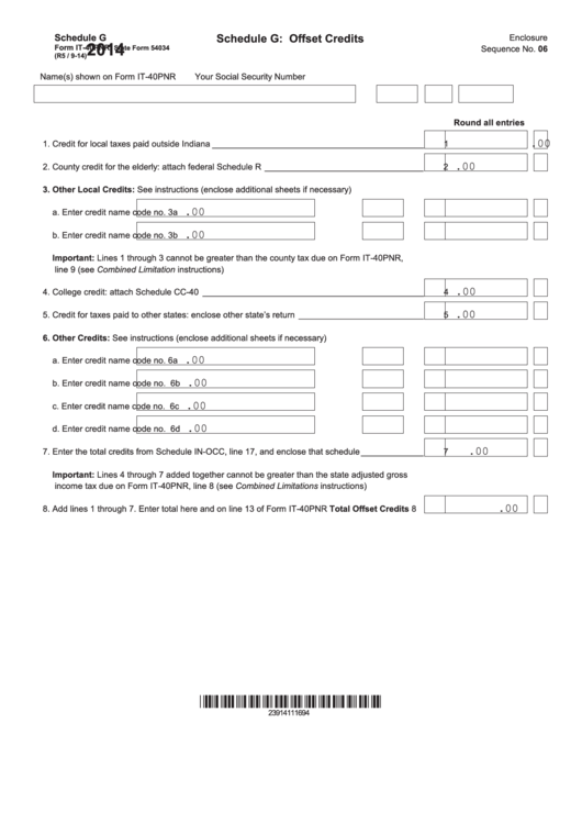 Fillable Schedule G (Form It-40pnr) - Offset Credits - 2014 Printable pdf