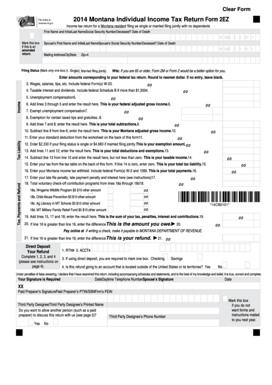 Fillable Form 2ez - Montana Individual Income Tax Return - 2014 Printable pdf