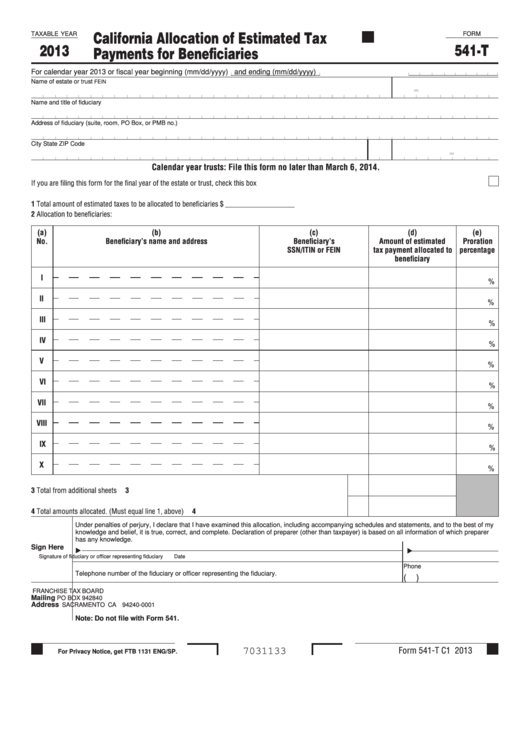 Fillable Form 541-T - California Allocation Of Estimated Tax Payments For Beneficiaries - 2013 Printable pdf