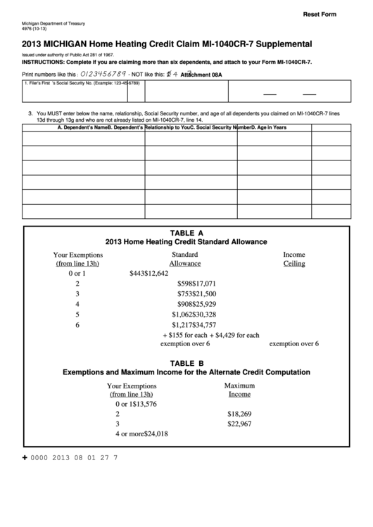 Fillable Form 4976 - Michigan Home Heating Credit Claim Mi-1040cr-7 Supplemental - 2013 Printable pdf