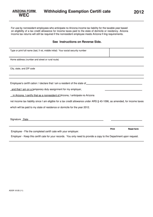 Fillable Arizona Form Wec - Withholding Exemption Certificate - 2012 Printable pdf
