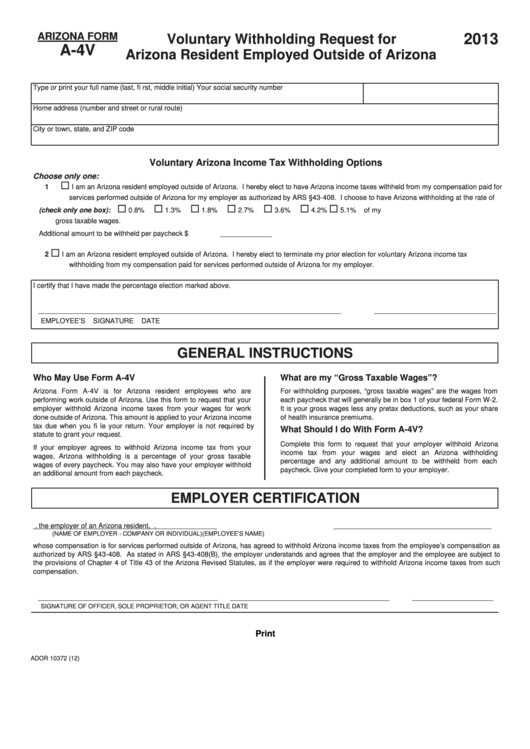 Fillable Arizona Form A4v Voluntary Withholding Request For Arizona