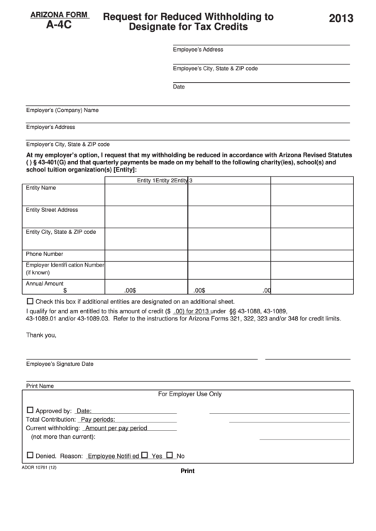 Fillable Arizona Form A-4c - Request For Reduced Withholding To Designate For Tax Credits - 2013 Printable pdf