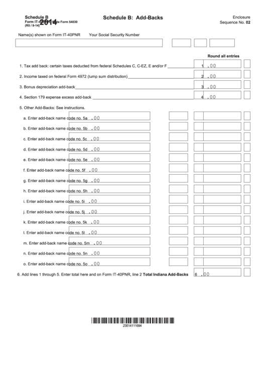 Fillable Schedule B (Form It-40pnr) - Add-Backs - 2014 Printable pdf