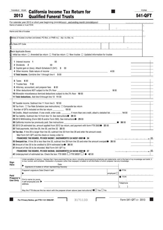 Fillable Form 541-Qft - California Income Tax Return For Qualified Funeral Trusts - 2013 Printable pdf