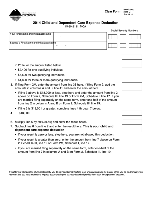 Fillable Form 2441-M - Child And Dependent Care Expense Deduction - 2014 Printable pdf