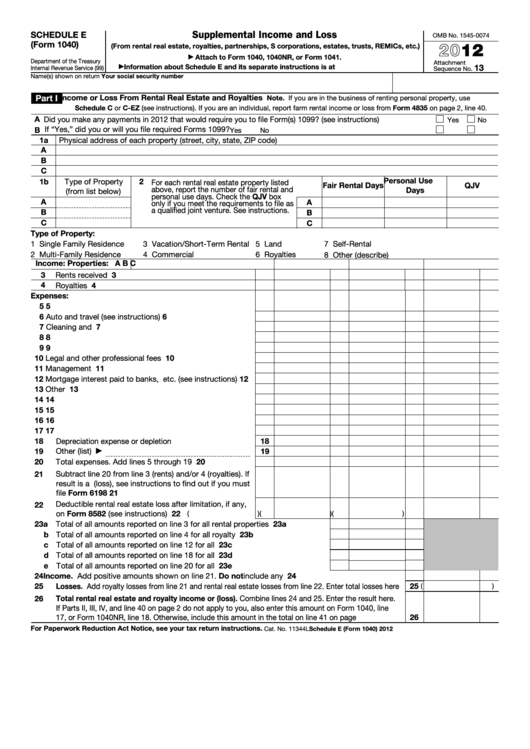 Fillable Schedule E (Form 1040) - Supplemental Income And Loss - 2012 Printable pdf