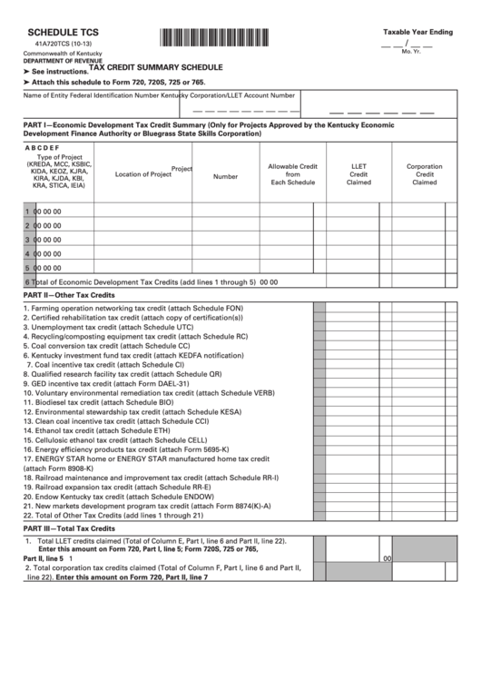 Schedule Tcs (Form 41a720tcs) - Tax Credit Summary Schedule Printable pdf