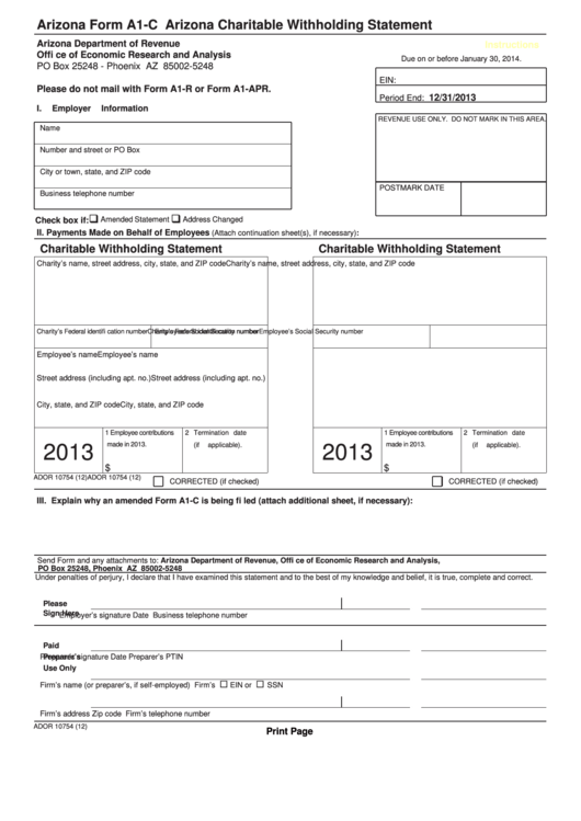 Fillable Arizona Form A1-C - Arizona Charitable Withholding Statement - 2013 Printable pdf