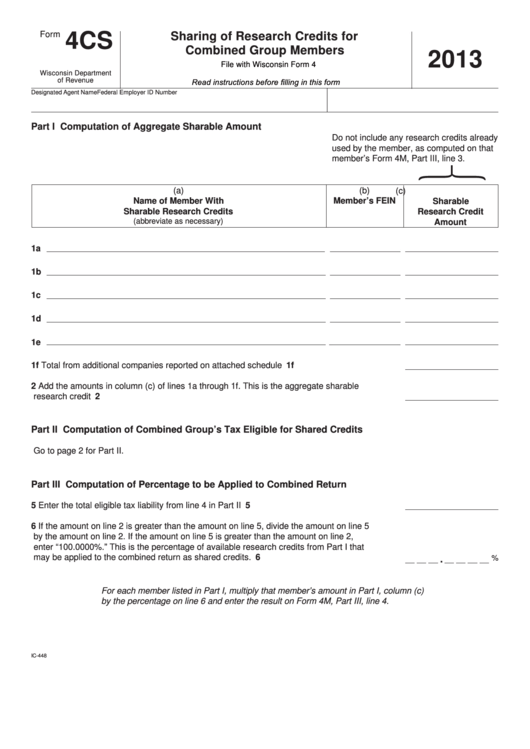 Form 4cs - Sharing Of Research Credits For Combined Group Members - 2013 Printable pdf
