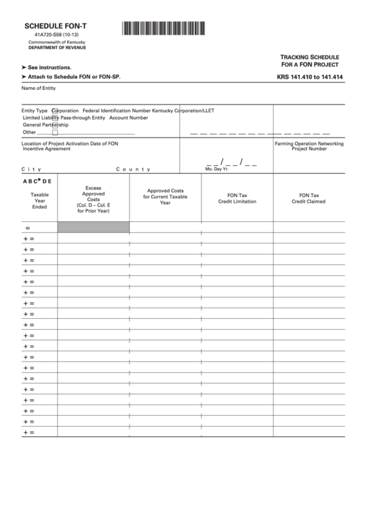 Schedule Fon-T (Form 41a720-S58) - Tracking Schedule For A Fon Project Printable pdf