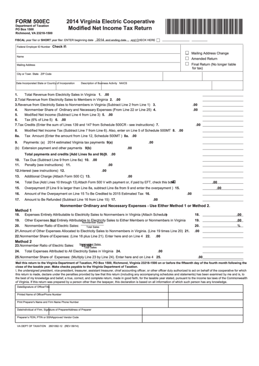 Fillable Form 500ec - Virginia Electric Cooperative Modified Net Income Tax Return - 2014 Printable pdf