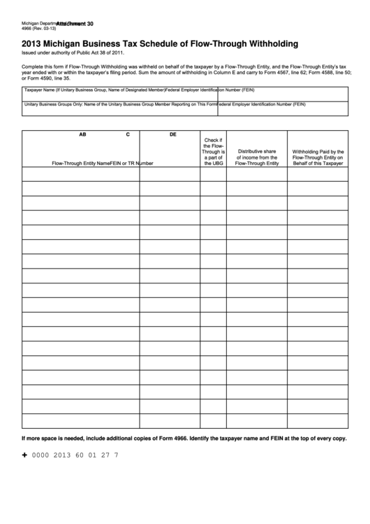 Form 4966 - Michigan Business Tax Schedule Of Flow-Through Withholding - 2013 Printable pdf