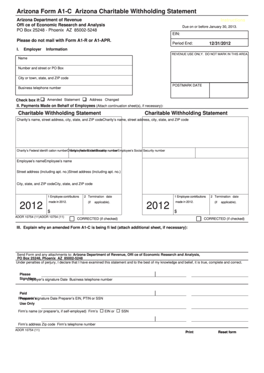 Fillable Arizona Form A1-C - Arizona Charitable Withholding Statement - 2012 Printable pdf