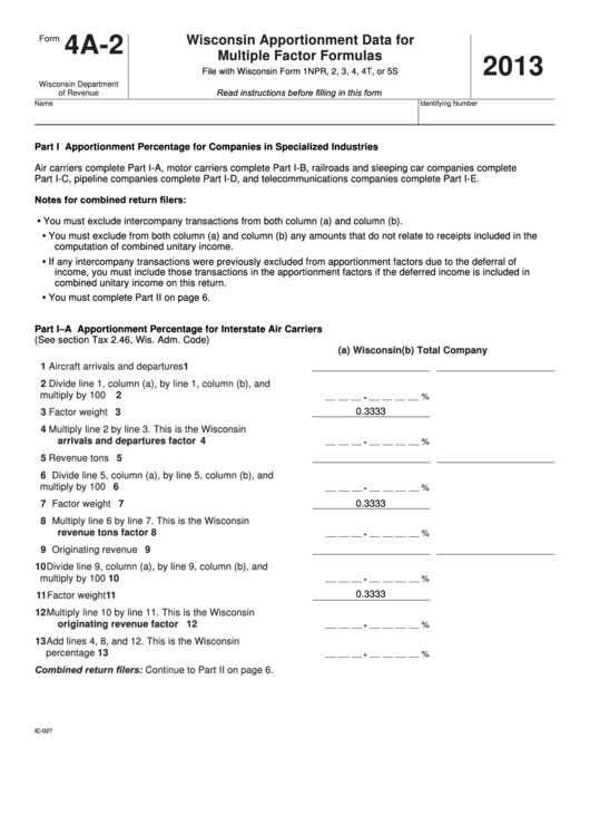 Form 4a-2 - Wisconsin Apportionment Data For Multiple Factor Formulas - 2013 Printable pdf