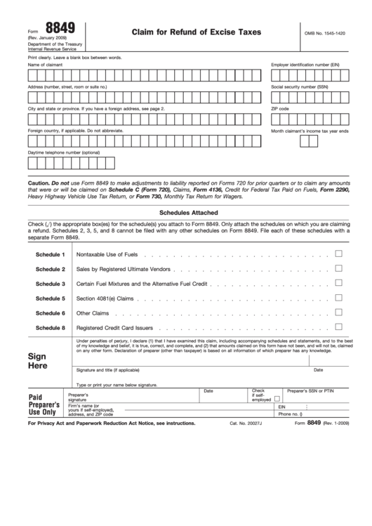 Fillable Form 8849 - Claim For Refund Of Excise Taxes Printable pdf
